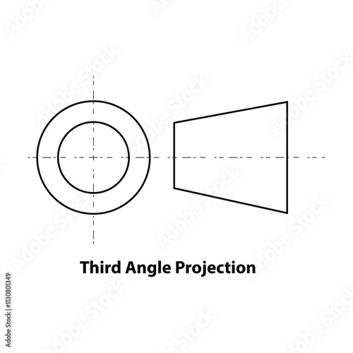 Third Angle Projection. black line vector 2d geometric shape