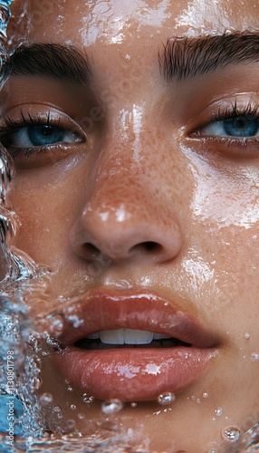 Refreshing water on face highlighting natural beauty photo