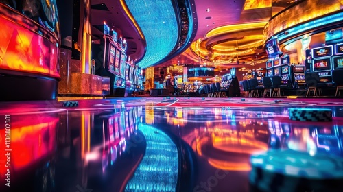 Wallpaper Mural A cinematic wide shot of a bustling casino floor with vibrant neon lights, reflecting off glossy surfaces and scattered poker chips, capturing the energy and intensity of high-stakes gambling Torontodigital.ca