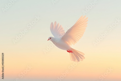 White dove soars gracefully against a backdrop of a vibrant sunset, symbolizing peace, hope, and spirituality photo