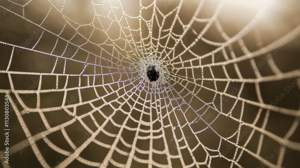 Obraz premium Dew-covered spiderweb, intricate design, sunlight.