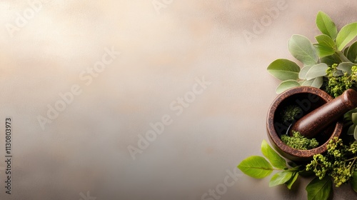 A wooden mortar and pestle resting on a smooth surface surrounded by fresh herbs, ideal for representing natural remedies, wellness, or culinary themes, Great for health blogs and product promotions,
