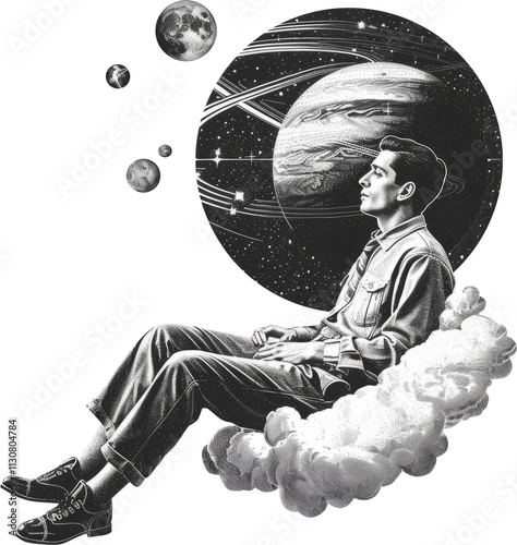 Man dream collage halftone bitmap, Man surrealism space psychology collage on transparent background, space exploration concept y2k collage element