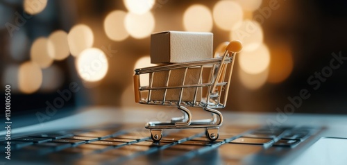 A miniature shopping cart with a box sits on a laptop keyboard, symbolizing online shopping and e-commerce in a blurred, illuminated background.