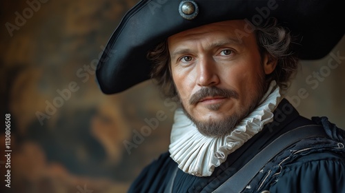  Portrait of a Pilgrim in Historical Attire with Earthy Tones and Textured Background photo