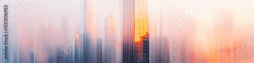 Abstract, blurred shapes of windows, buildings, and skyscrapers, with a light orange and pink gradient against a white background.