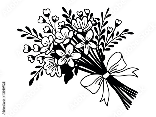 Abstract beautiful botanical spring flower bouquet and floral leaves with tied ribbon vector illustration. tied narcissus flowers isolated on a white background