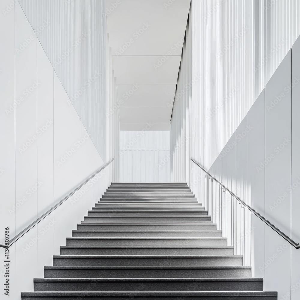 Obraz premium Bright modern hallway with a staircase and clean metallic railings, showcasing minimalistic architecture for technology or business visuals