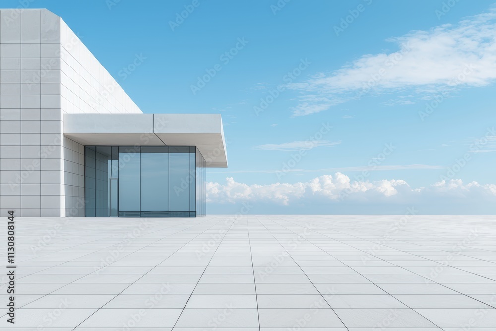 Fototapeta premium Clean architectural space with tiled foreground, modern glass building, and vast blue sky, great for urban design or professional presentations