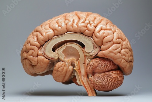 Human Brain Anatomy: A detailed anatomical model of the human brain, showcasing its intricate structure and complexity. This high-resolution image is perfect for medical illustrations. photo