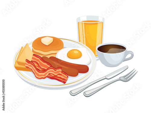 Traditional american breakfast with bacon, sausage, eggs, pancakes, coffee and orange juice vector illustration. Bacon and Eggs on a plate icon on a white background. Full american breakfast drawing