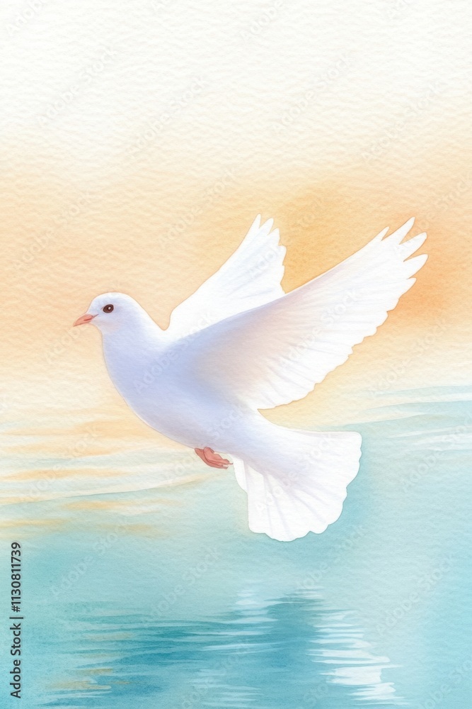 Fototapeta premium Peaceful watercolor painting of white dove soaring gracefully above tranquil blue water, symbolizing hope, serenity, and spirituality