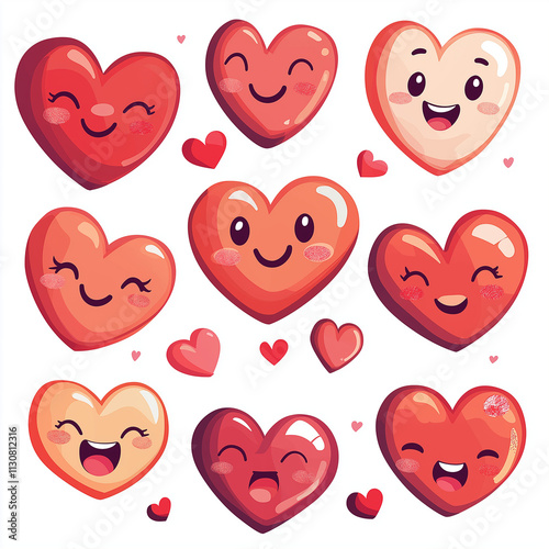 A vector clipart set of cute, smiling cartoon hearts in various shapes and sizes for Valentine's Day. The hearts have different expressions like happy faces or winking eyes. They c