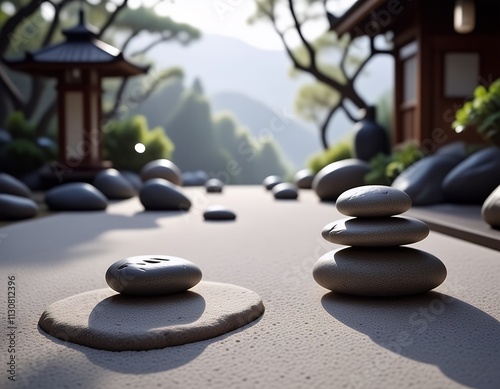 Serene Zen Garden Balanced Stones Tranquil Landscape Asian Architecture