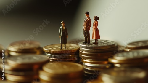 Tiny toy figures standing on piles of coins, representing economic disparity in housing markets