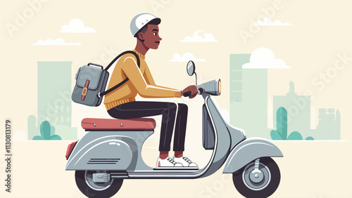 flat style, illustration of a man wearing a sling bag rides a vintage scooter