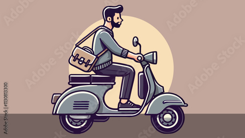 flat style, illustration of a man wearing a sling bag rides a vintage scooter