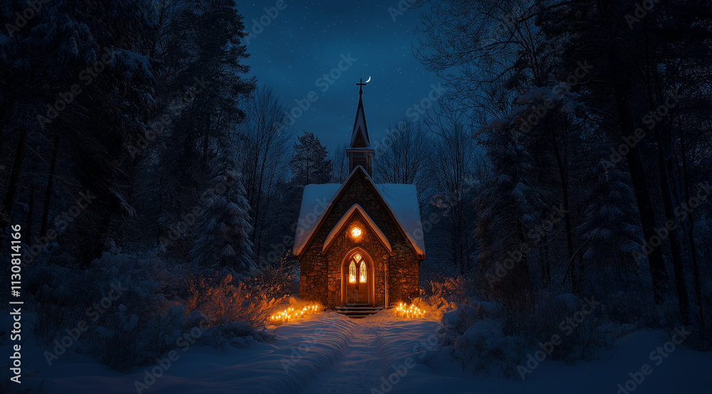 Fototapeta premium A small church in the middle of snow-covered woods, illuminated by candles on each side of its entrance at night. The sky is dark blue, and there is no moonlight. Trees surround th