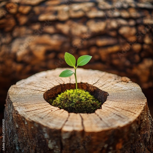 [Nature's Resilience in Decay] Tiny Plant Thrives in Tree Stump: New Beginnings Blooming