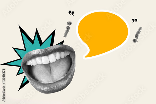 Woman open mouth with orange speech bubble with exclamations marks
