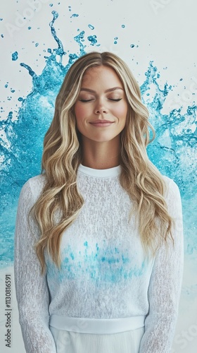 Woman in white surrounded by vibrant water splash art. photo