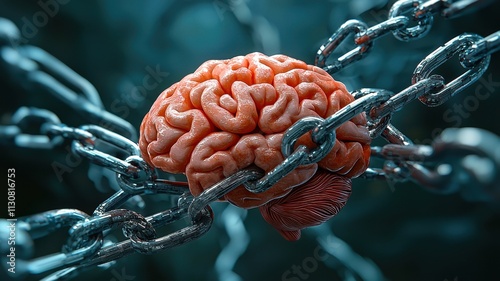 A surreal image of a brain encased in chains, representing mental struggle and emotional constraints.