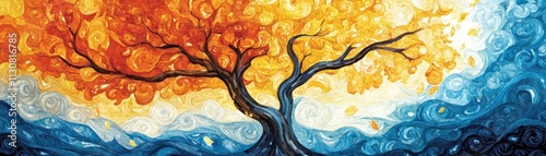 Explore this vibrant artwork where assertive communication is visually represented as threads weaving a strong, unified tapestry This oil painting showcases a tree with warm, orange-yellow leaves