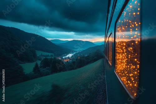 A photograph of the window view from an old train in the Black Forest at night. Stars and light are glowing on the windows, with mountains and a green, natural landscape in the bac photo