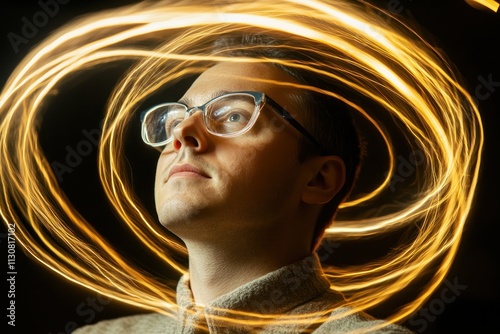 Innovative Team Leader with Glowing Communication Trails Visualize the power of interpersonal connection and collaboration This image displays a professional surrounded by swirling light, showing the