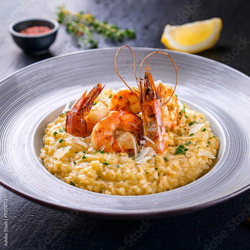 Creamy Risotto with Grilled Prawns and Parmesan Shavings