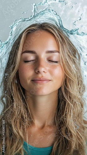 Women calm in refreshing cascade of clear water photo