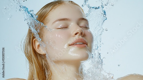 Peaceful woman enjoying splash of cool soothing water photo