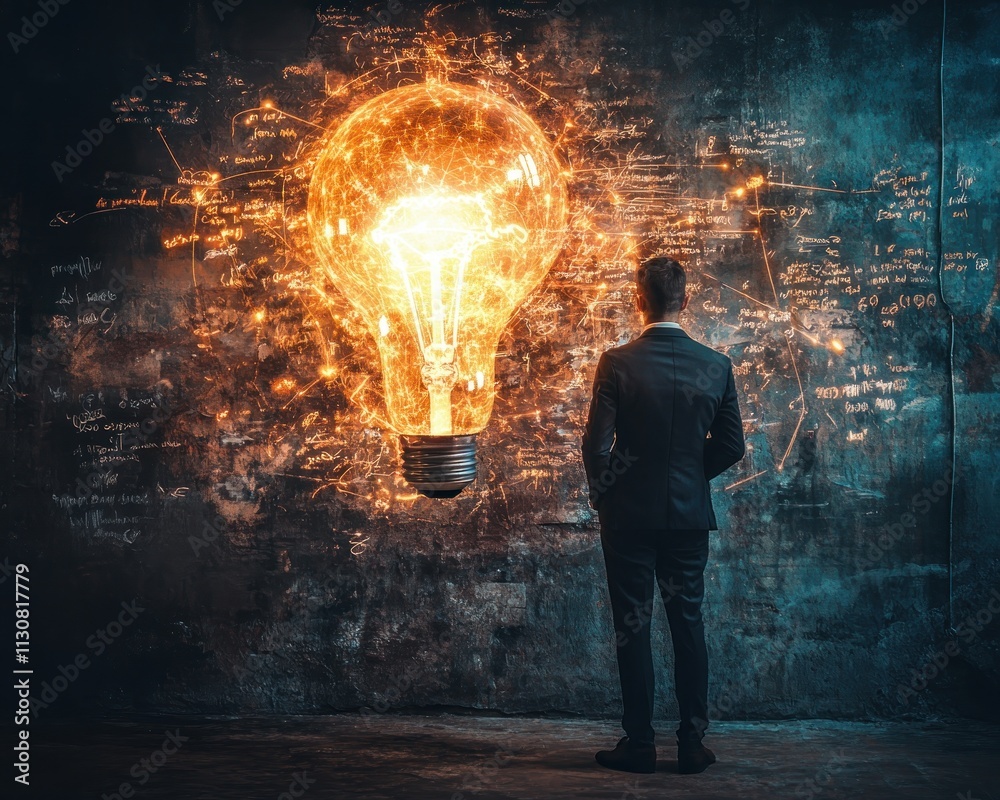 Witness a dynamic professional leading a creative session, where glowing ideas emanate from a central figure Explore the power of innovative thinking, as a single bright light ignites inspiration