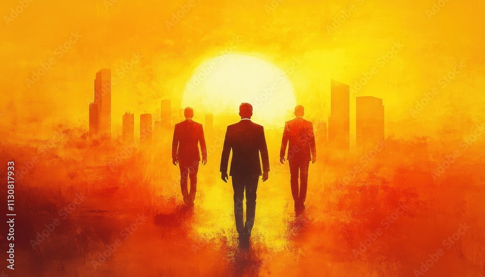 Fototapeta premium Witness a Vibrant depiction of leadership as a sunrise over a horizon filled with skyscrapers, showcasing three figures walking towards the rising sun, amidst a cityscape The powerful image captures
