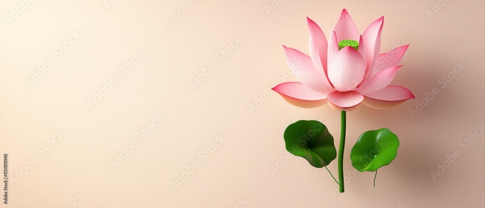 Fototapeta premium [Pink lily in beige background] Romantic Pink Lily in Soft Beige Background Capturing Tranquility with Fresh Green Leaf