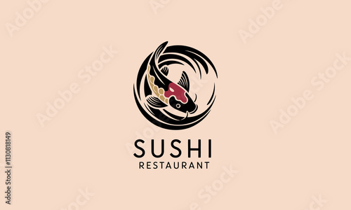 Sushi restaurant logo with koi fish and circular wave design