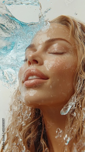 Woman drenched in revitalizing water splash photo