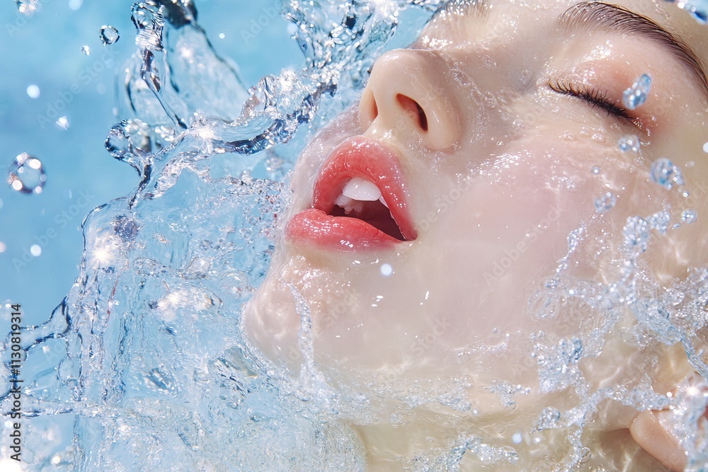 Fototapeta premium Refreshing water splashes around face in soothing calm