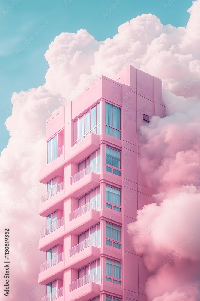 Pink building up in the sky surrounded by fluffy clouds. Dreamy, barbiecore, hope vibe.
