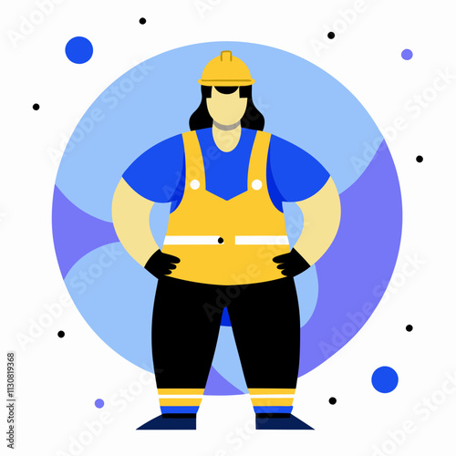 Female construction worker in protective helmet and vest.Color vector illustration in flat style radiates strength and determination.