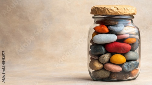 A glass jar filled with colorful stones, set against a soft, neutral backdrop, ideal for decorative purposes, craft projects, or enhancing natural themes in photography and design, photo