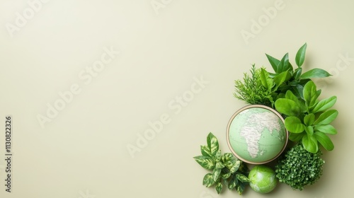 A green globe surrounded by lush plants symbolizes environmental awareness and sustainability, This image can be used in themes related to ecology, education, and global awareness, photo