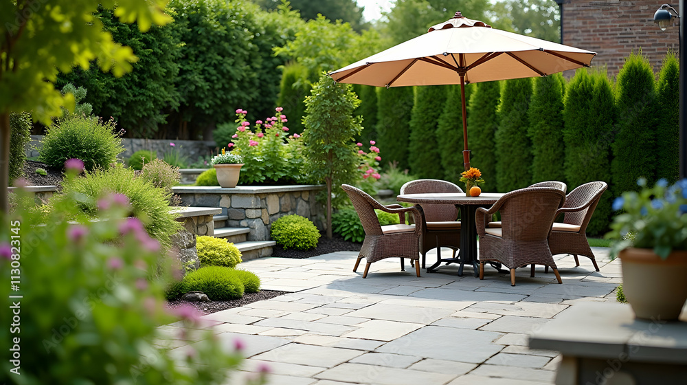 Obraz premium Serene patio scene: A tranquil garden setting with a shaded patio table, inviting wicker chairs, and lush greenery. Perfect for relaxation.