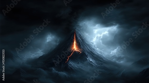 A dramatic volcanic eruption is captured with molten lava illuminating the dark clouds above, This striking image can be used for projects related to nature, disaster, geology, or fantasy themes, photo