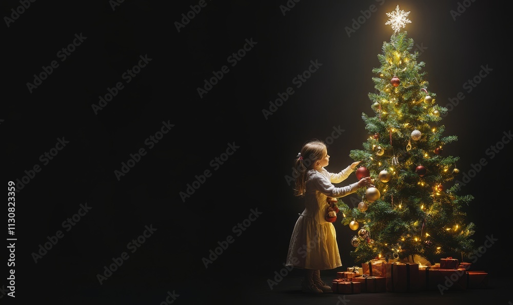 Fototapeta premium Little girl decorating Christmas tree, holiday background with copyspace