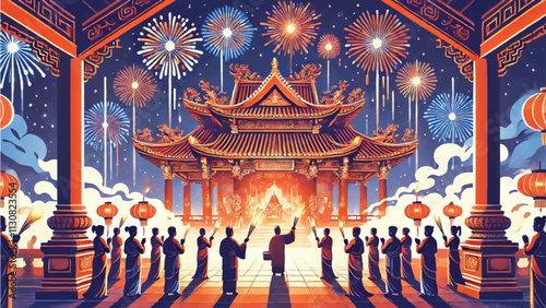 A majestic temple decorated for the Chinese New Year Lantern Festival, worshipers light incense, and fireworks light up the sky 