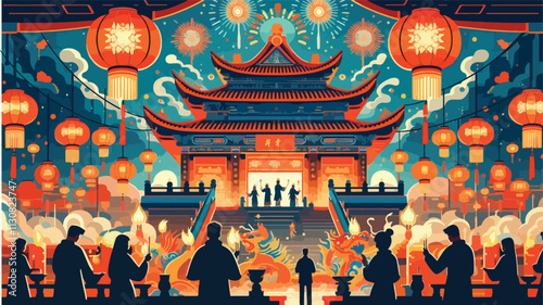 A majestic temple decorated for the Chinese New Year Lantern Festival, worshipers light incense, and fireworks light up the sky 