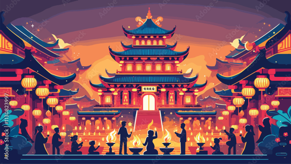 Fototapeta premium A majestic temple decorated for the Chinese New Year Lantern Festival, worshipers light incense, and fireworks light up the sky 