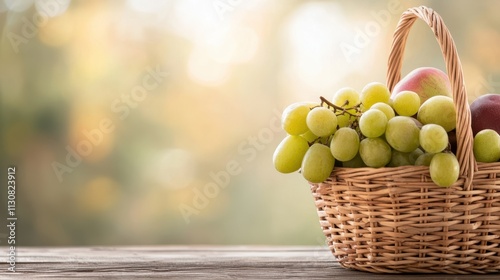 A wicker basket filled with fresh green grapes and red apples sits on a rustic wooden table with a soft, blurred background, Perfect for illustrating healthy eating, farm-to-table concepts