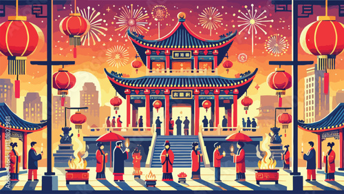 A majestic temple decorated for the Chinese New Year Lantern Festival, worshipers light incense, and fireworks light up the sky 